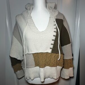POL Multi Textured Color Block Patchwork V-Neck Knit Hoodie Sweater